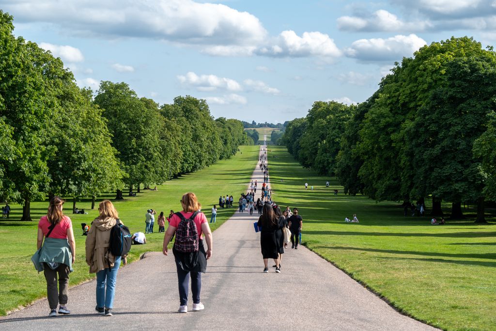People enjoying a sunny walk along the Long Walk in Windsor Great Park, England.